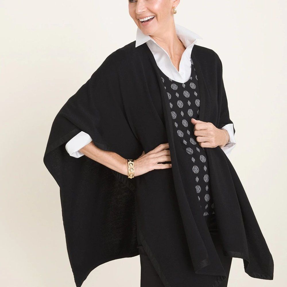 NWT Chico's Cascading Black Ruana Draped Sweater One Size Faux Suede Trim